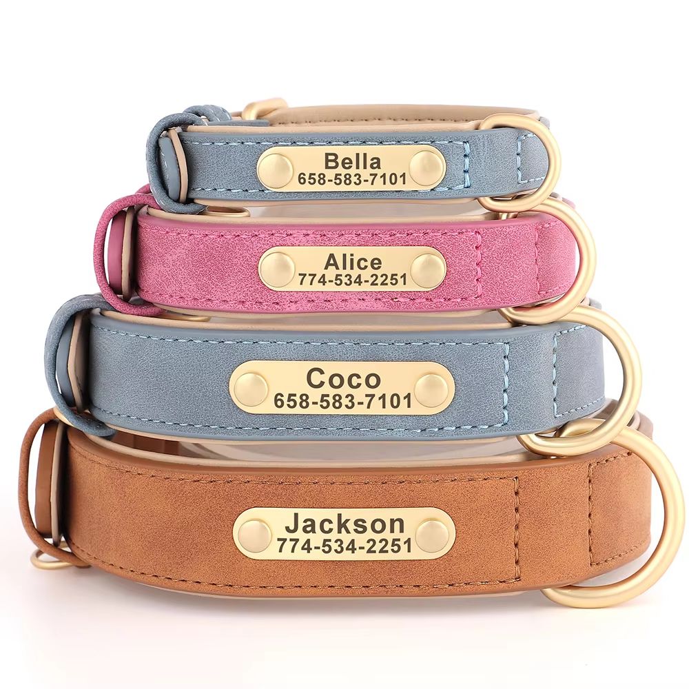 Custom Engraved PU Leather Dog Collar with Personalized ID Nameplate
