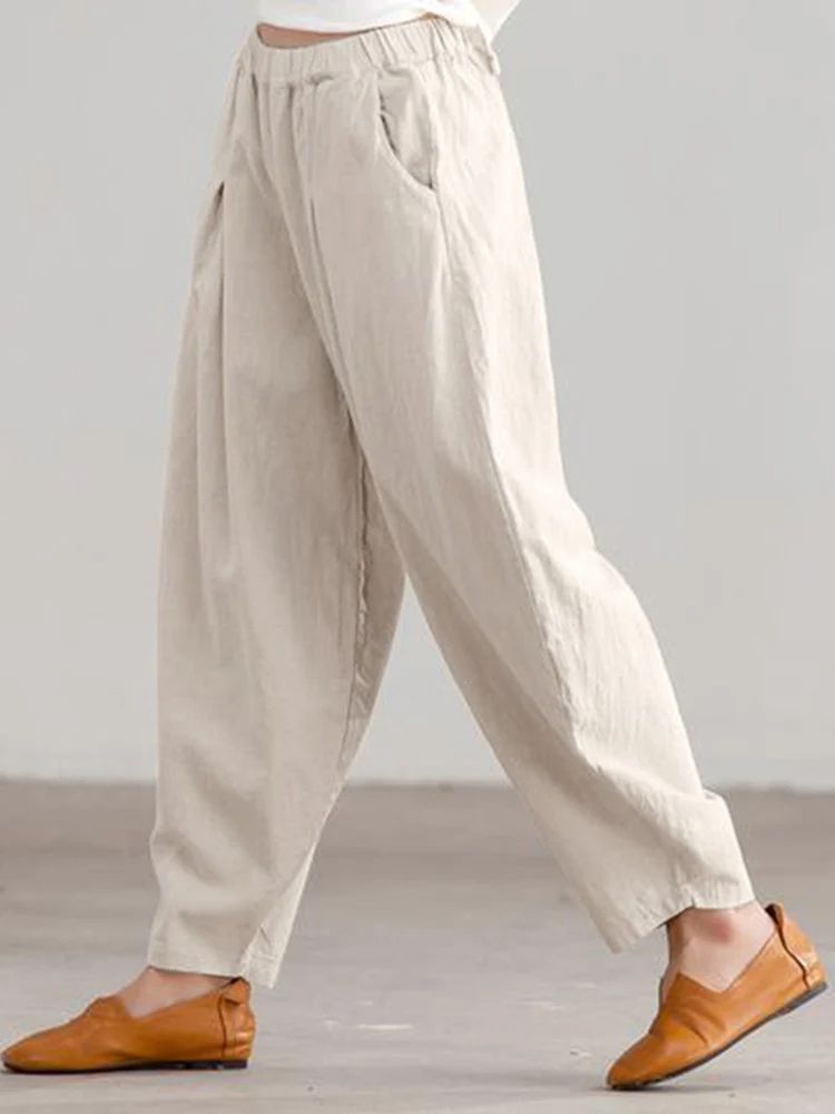 Women Summer Cotton Wide Leg Pants Elastic Waist Loose Casual Trousers