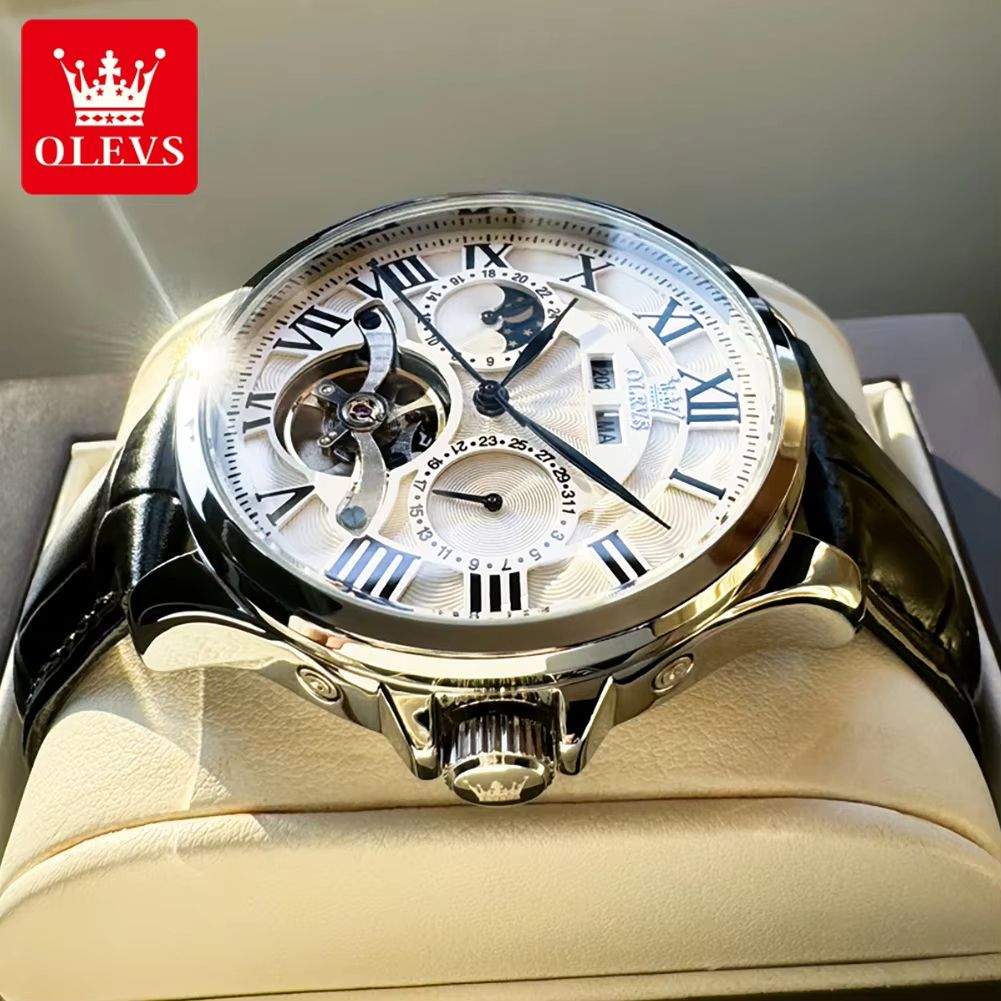 OLEVS 7013 Luxury Automatic Mechanical Watch for Men – Moon Phase, Skeleton Flywheel, Waterproof
