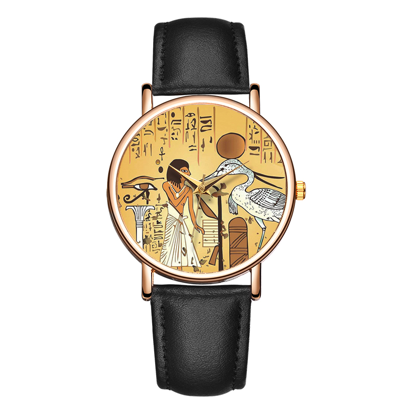 Vintage Egyptian Art Leather Watch for Women Waterproof Fashion Wristwatch
