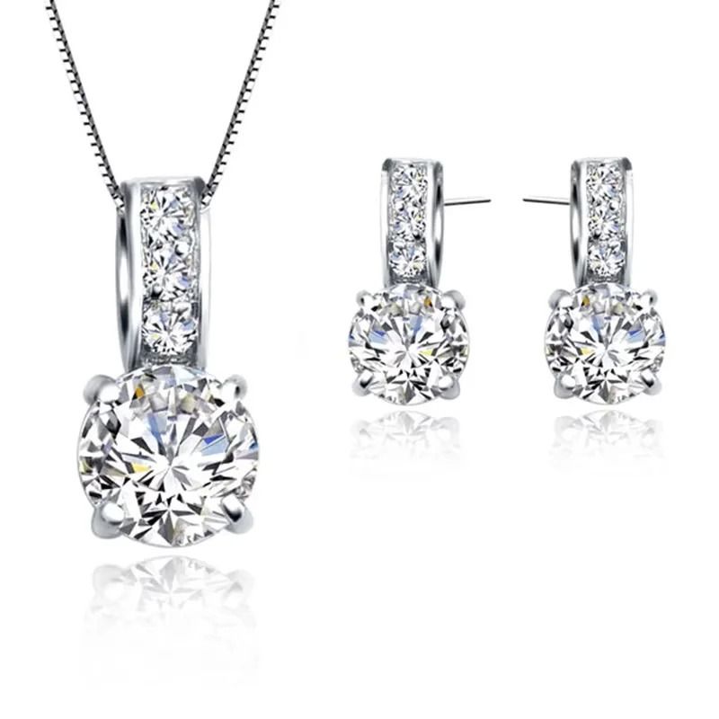 Cubic Zirconia Bridal Necklace and Stud Earrings Set