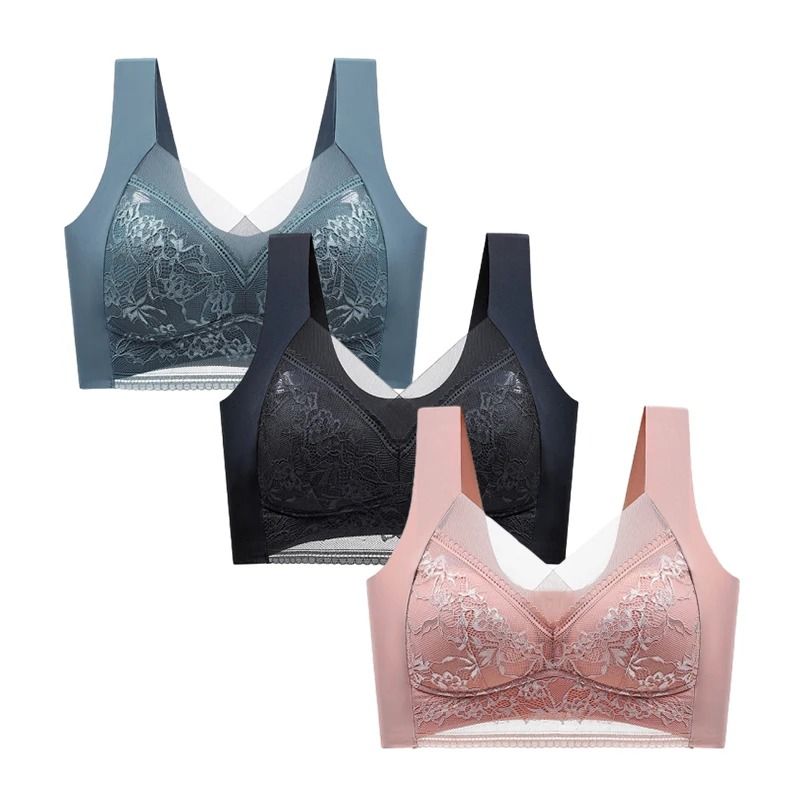FallSweet 3 Pack Lace Push Up Bra Wireless Deep V Bralette Set L to 5XL
