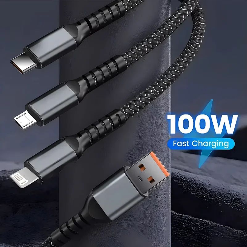 3-in-1 100W Fast Charging Cable with LED Indicator – USB-C, Micro USB & Lightning Universal Charger