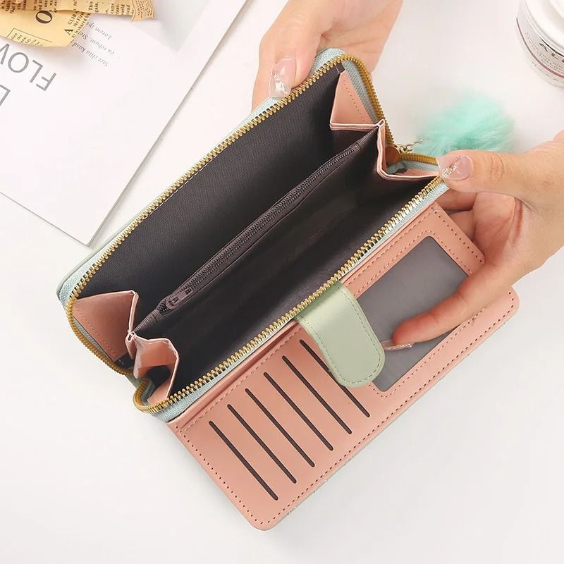 Womens Long PU Leather Wallet with Zipper and Wristlet