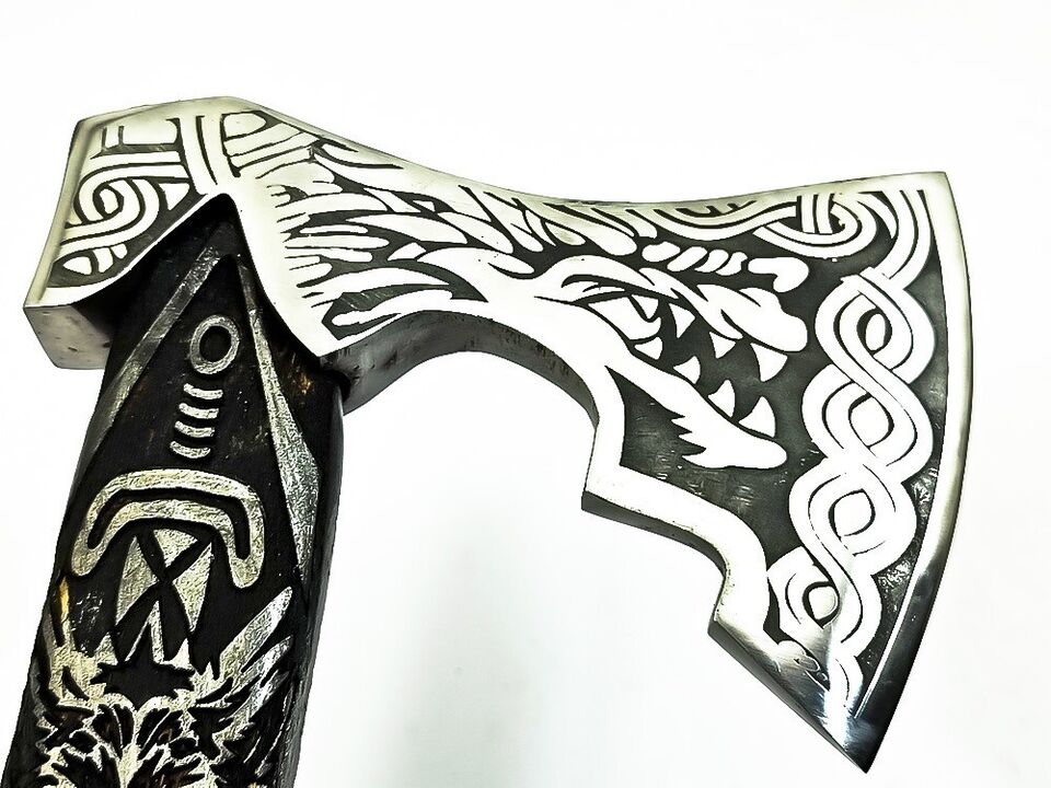 Handmade Carbon Steel Viking Throwing Axe | 19 Rare Art Axe with Carved Ashwood Handle