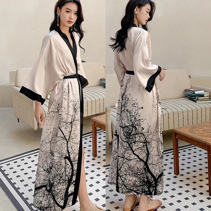 New Spring Summer Female Long Robe Set – Sexy Flower Print Kimono & Silk Satin Casual Lounge Wear