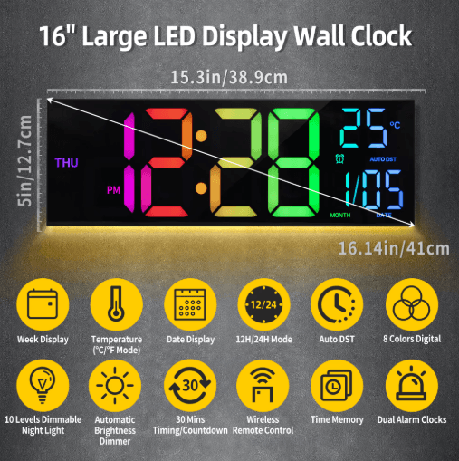 16 Large LED Digital Wall Clock RGB Display with Remote & Temperature