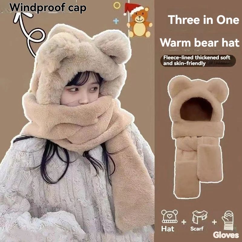 Plush Fleece 3-in-1 Bear Ear Hooded Cap Scarf and Gloves Set