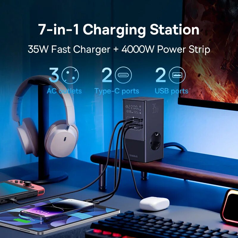 Charging Station With Surge Protector Digital Display For iPhone Xiaomi, Power Strip Desktop