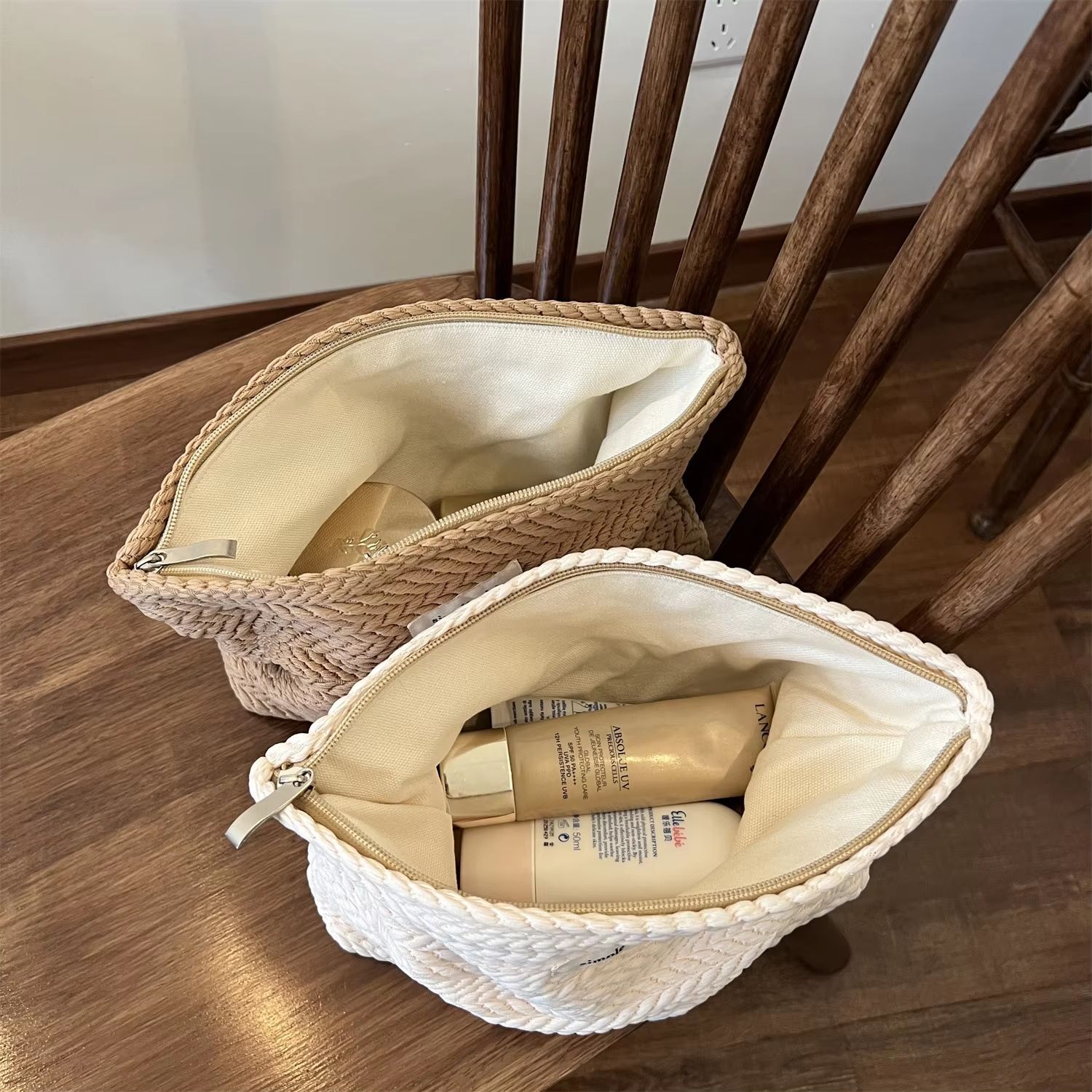 Artistic Handwoven Cotton Makeup Bag Crochet Cosmetic Pouch with Zipper