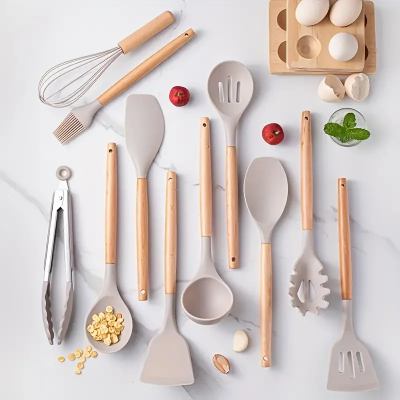 Multi Color Silicone Wooden Handle Cooking Utensils Set Non Stick Heat Resistant Pot Spatula & Spoon Kitchenware