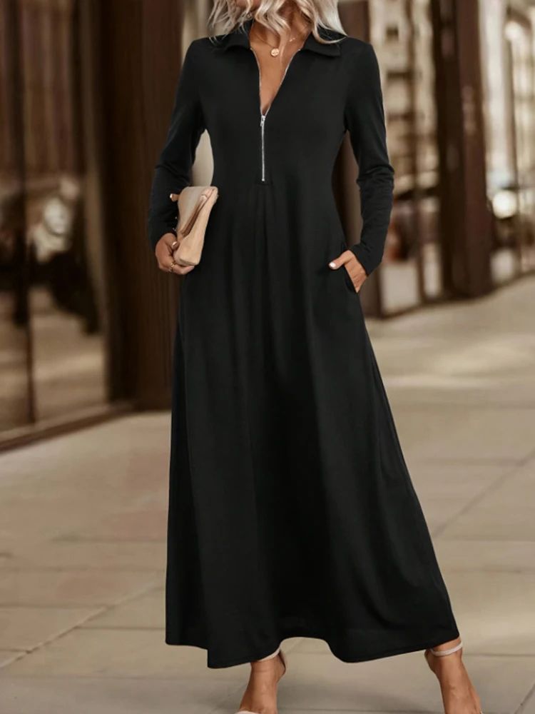 Elegant Long Sleeve Maxi Dress with Pockets – Spring-Autumn Slim Shirt Dress