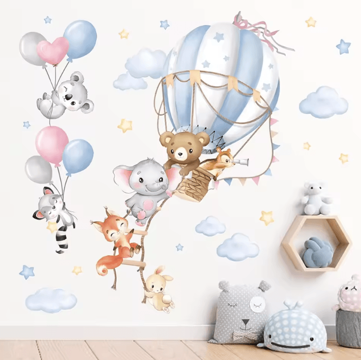 Large Hot Air Balloon Wall Sticker Animal Theme Nursery Wall Decal for Kids Room