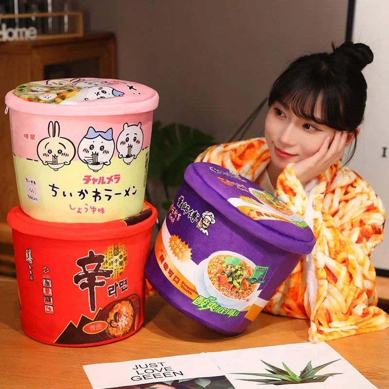 Bucket Instant Noodles Plush Pillow with Hidden Blanket – Ramen Stuffed Cushion Gift