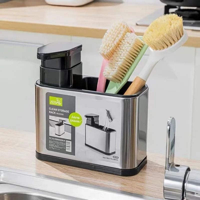 3 in 1 Kitchen Sink Organizer Stainless Steel Soap Dispenser and Sponge Holder
