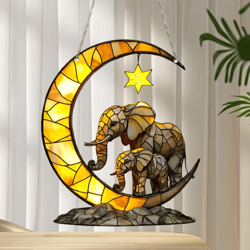 Elephant Family Moon Hanging Decor – Whimsical Elephant Wall Hanging for Home & Garden