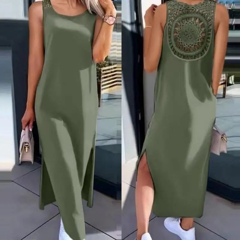 Elegant Summer Sleeveless Womens Summer Dress – Casual Solid Slit Midi Dress