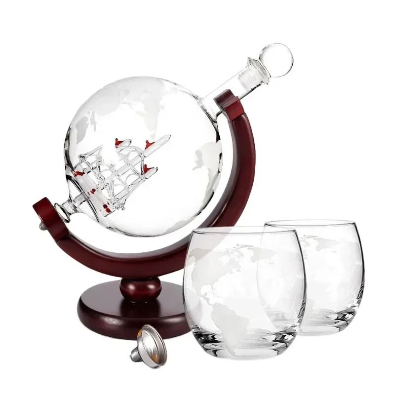 Globe Whiskey Decanter with Wooden Stand 900ml with Optional Glasses