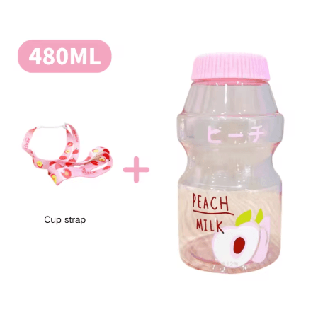 480ml Kawaii Milk Carton Water Bottle Cute Plastic Drinking Bottle with Cup and Strap