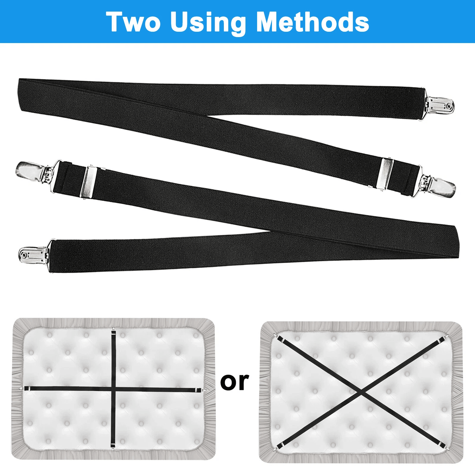 2x Adjustable Bed Sheet Fastener Elastic Suspenders Straps with Clips Secure Fitted Sheets & Mattress Covers