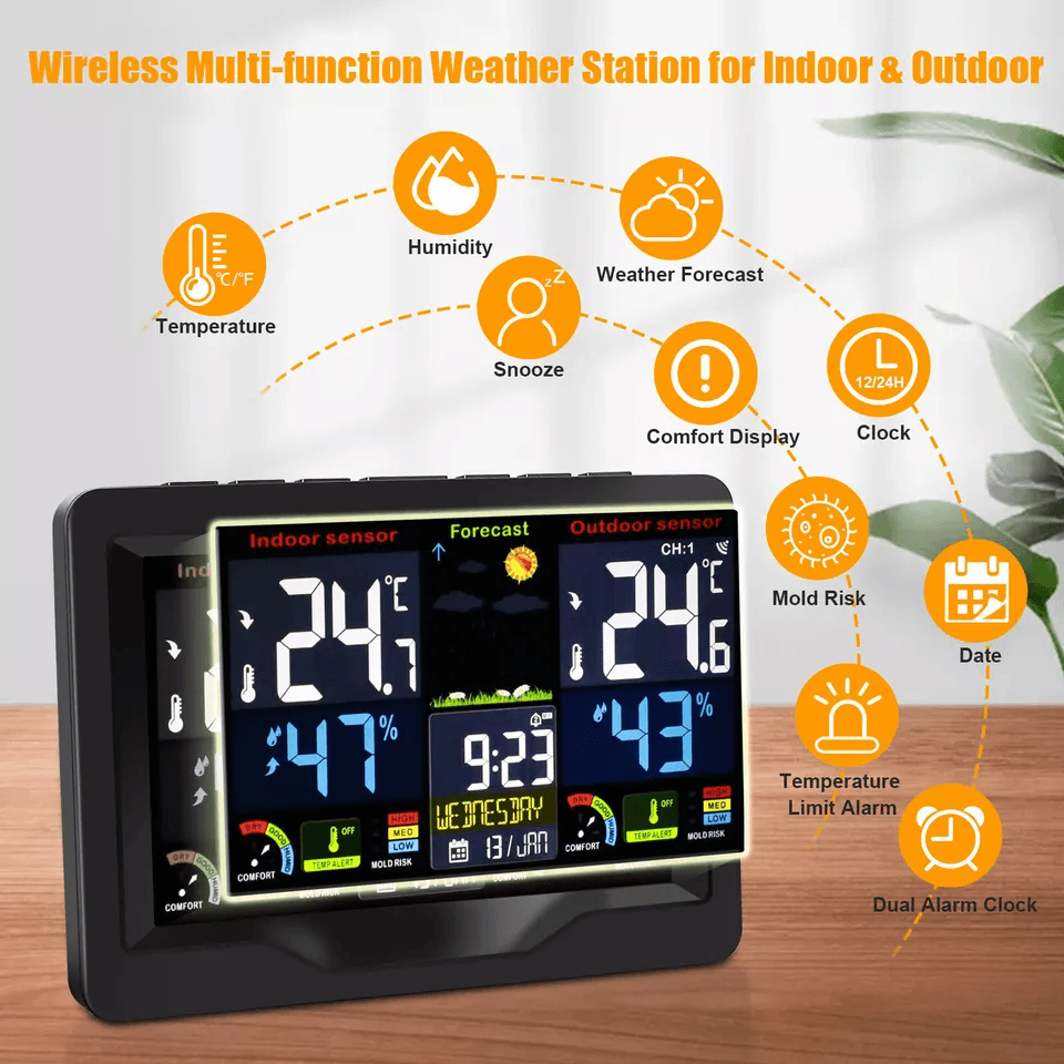 Digital LCD Indoor & Outdoor Weather Station Alarm Clock Thermometer Wireless with Color Display, Humidity Monitor