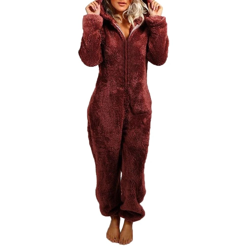 Womens Plush Flannel Pajama Romper Hooded Long Sleeve Winter Sleepwear Onesie