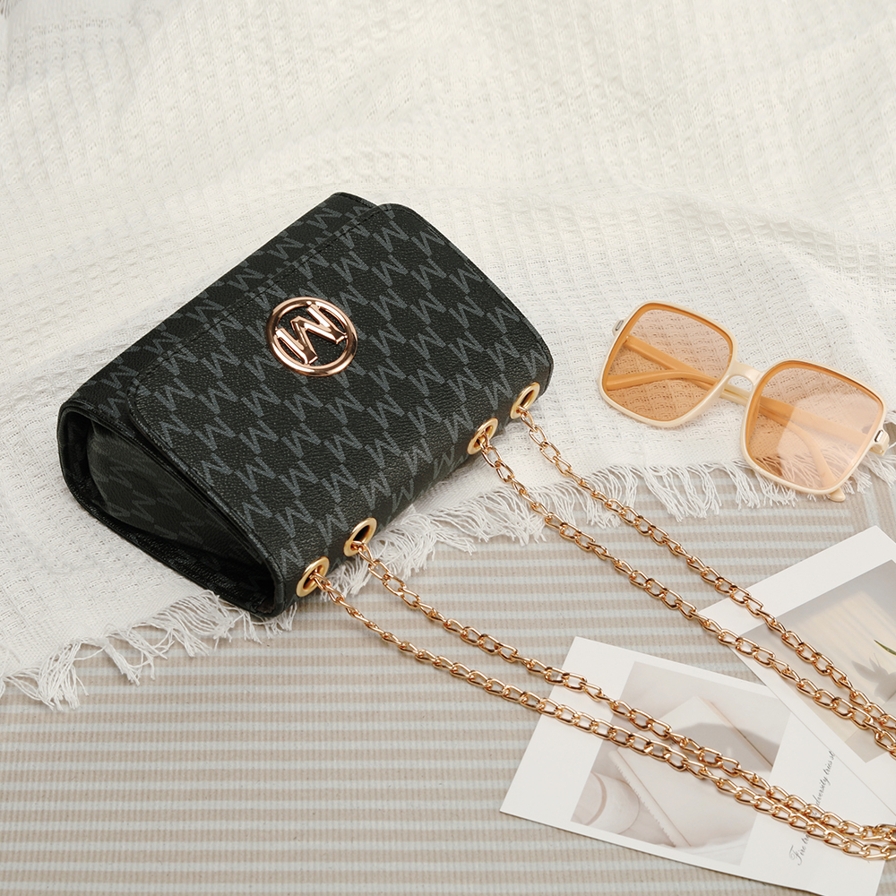 Womens Retro Monogram Chain Crossbody Bag Chic Black Square Design with Logo