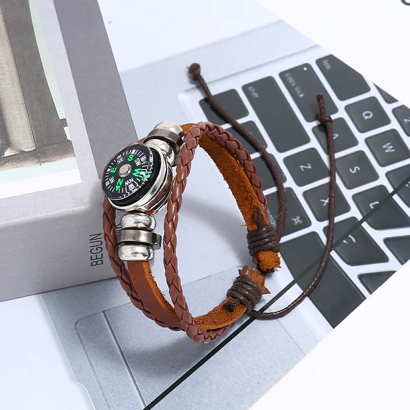 Beaded Cowhide Leather Bracelet with Compass  Perfect for Outdoor Adventures