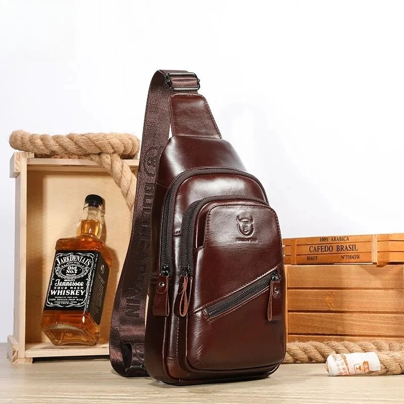 BULLCAPTAIN Mens Leather Chest Bag Large Capacity Casual Crossbody Sling