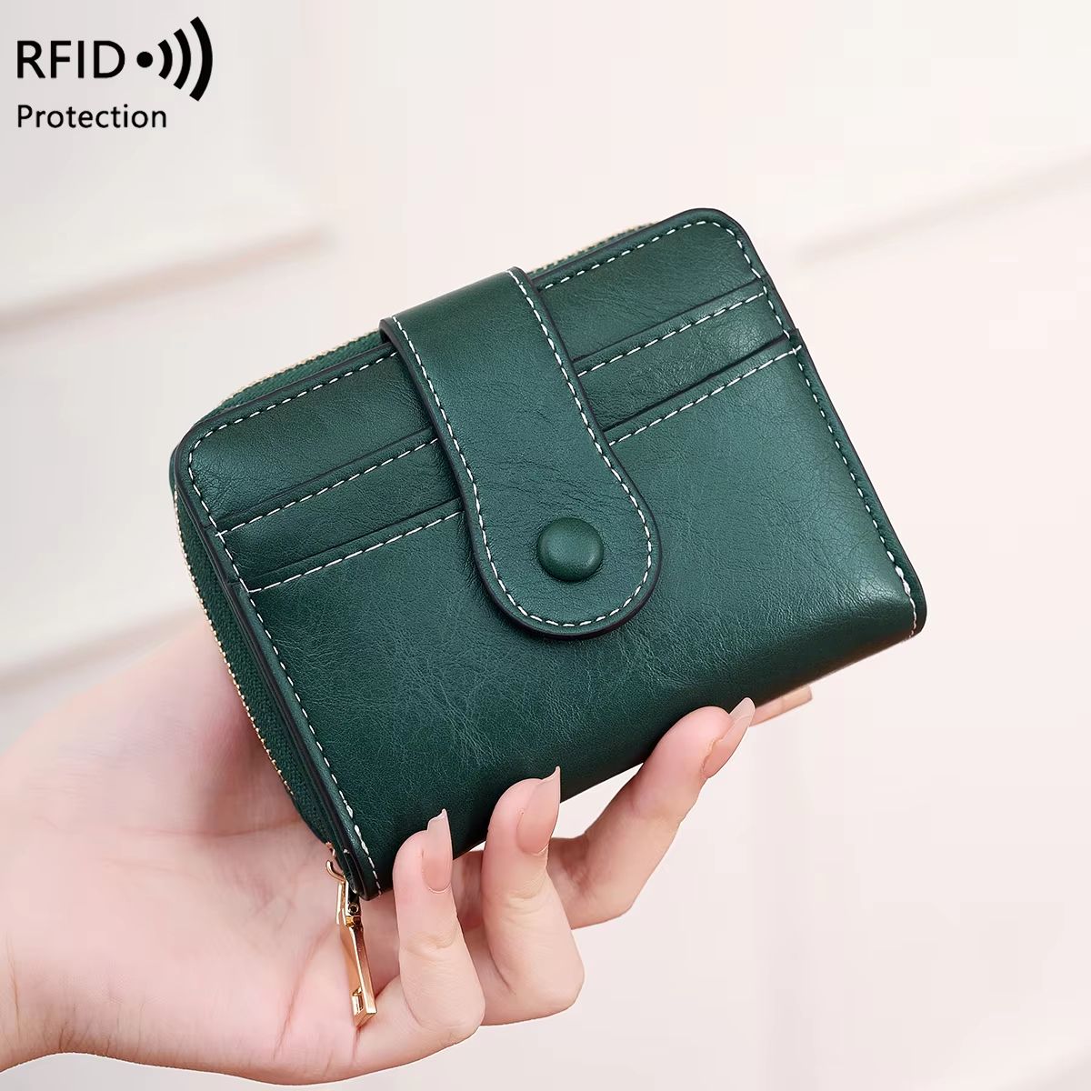 Retro RFID Blocking Women's Multi Card Wallet with Zipper Coin Pocket