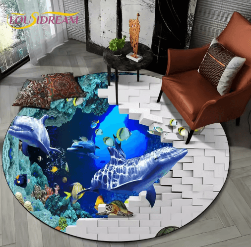 3D Ocean Dolphin Area Rug – Non-Slip Underwater Illusion Round Carpet