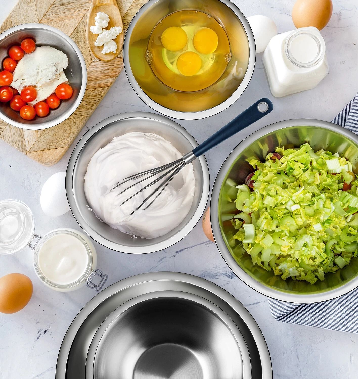 Stainless Steel Mixing Bowls Set with Measuring Cups and Spoons Nesting Kitchen Prep Bowl Set