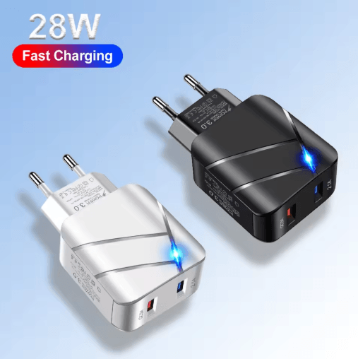 28W Dual USB QC3.0 Fast Charger with LED Light EU Plug