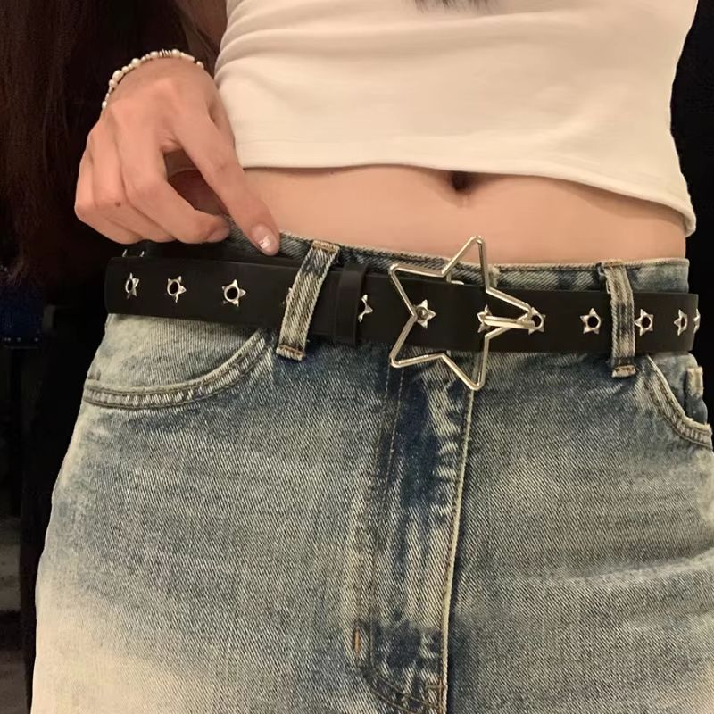 Star Riot Y2K Punk Rivet Belt – Black PU Goth Eyelet Belt for Jeans & Skirts