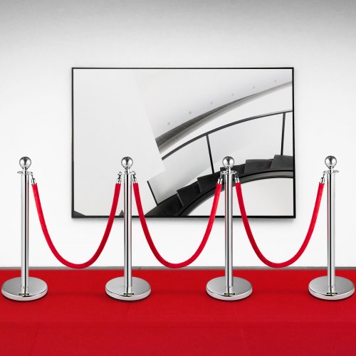 Retractable Crowd Control Barrier, 38 Inch Stainless Steel Stanchion Posts with Durable Red Velvet Rope (Silver)