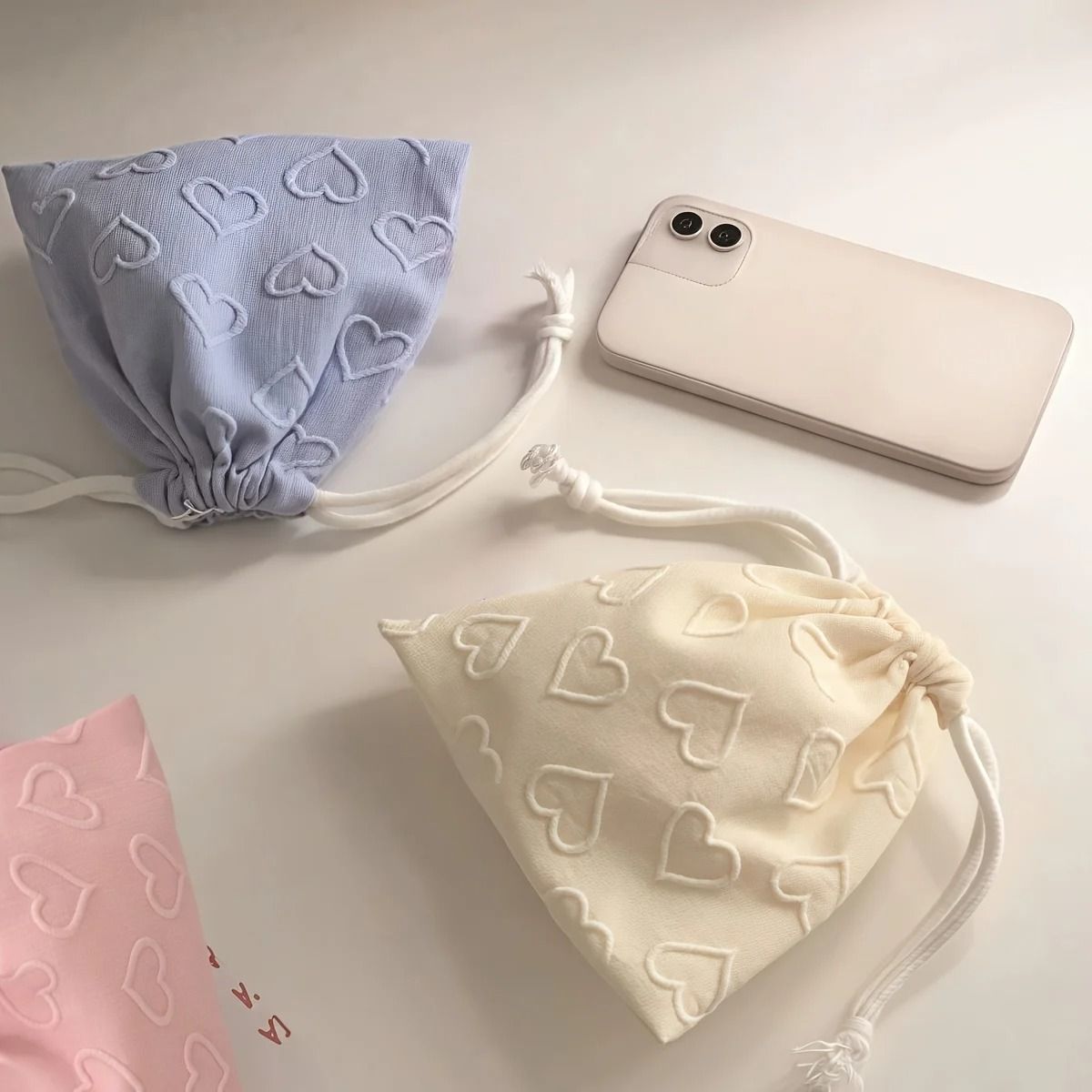 Cute Heart Print Drawstring Storage Bag Travel Cable Organizer