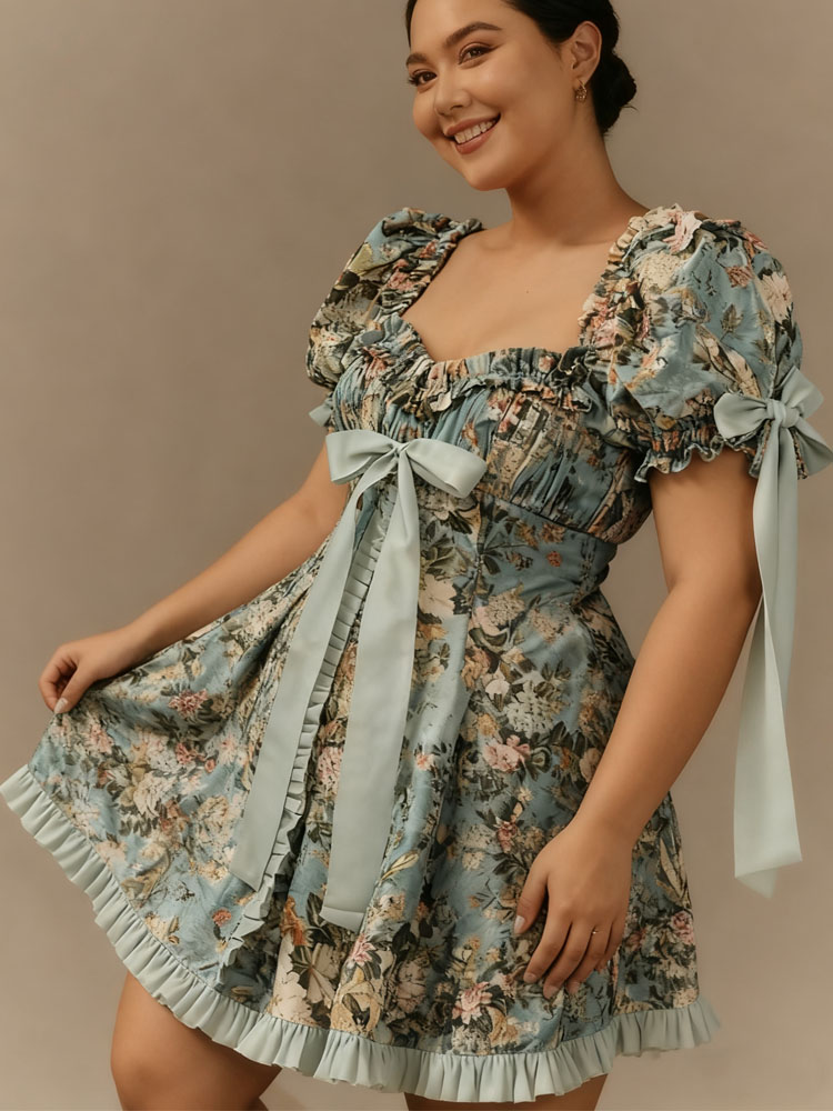 Plus Size Womens Lace Square Collar Mini Dress With Floral Print, Lantern Short Sleeves Elegant Party Dress