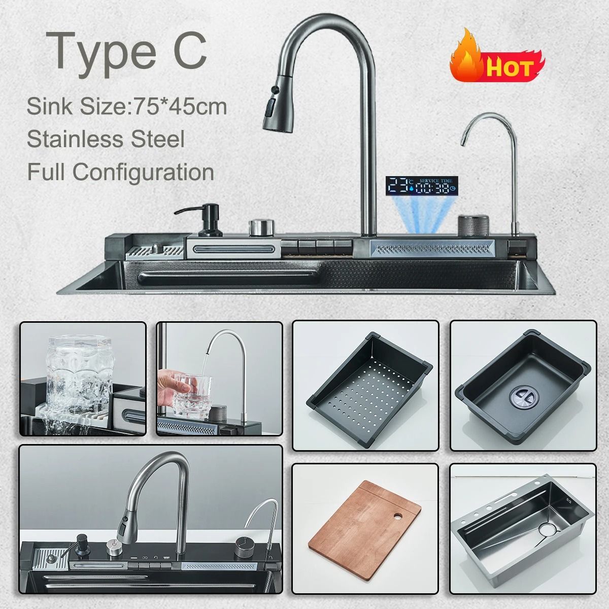 White Nano Stainless Steel Kitchen Sink – Double Waterfall Smart Digital Display Set