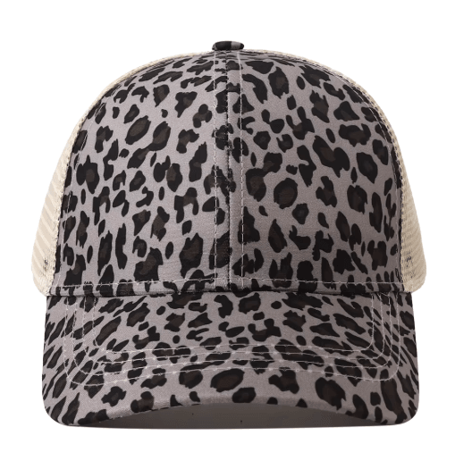 Leopard Print High Ponytail Trucker Hat Breathable Womens Mesh Snapback Cap
