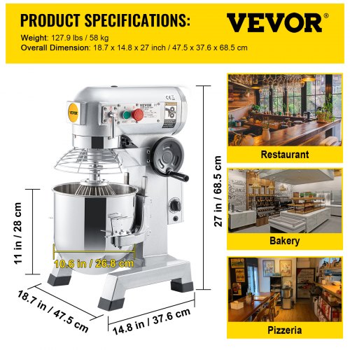 15Qt Commercial Mixer, 550W Heavy-Duty Stand Mixer with Stainless Steel Bowl, 3 Speeds (136/221/465 RPM)