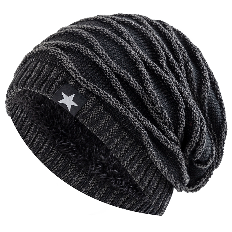 Slouchy Unisex Winter Hat with Fur Lining, Five-pointed Star Decor, Warm Beanie Cap for Men and Women, Cozy Knit