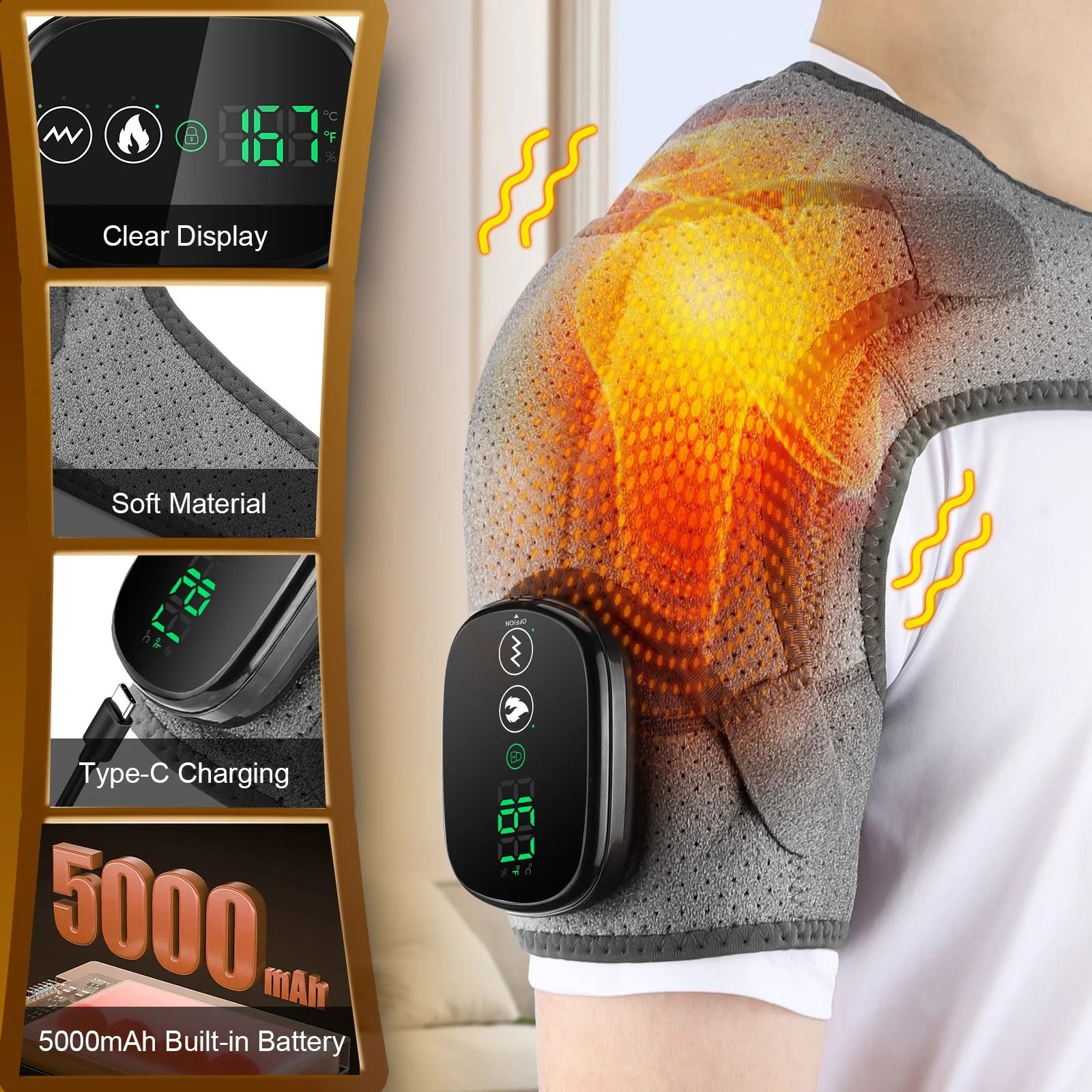 Electric Heated Shoulder Brace with Adjustable Temperature and Massage Support