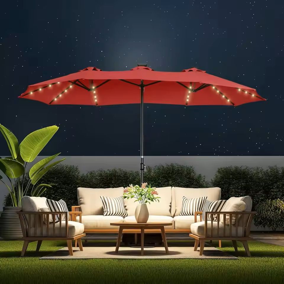 Extra Large Double Sided Patio Umbrella with Solar Lights and Base
