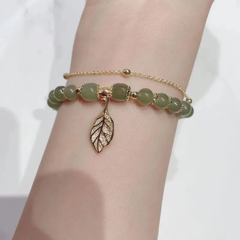 Chinese Style Green Jade Gold Leaf Double Chain Bracelet