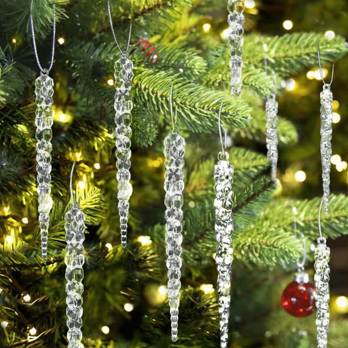24PCS Acrylic Christmas Icicle Ornaments – Realistic Hanging Tree Decorations for Winter Decor
