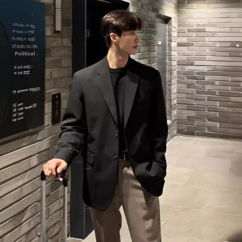 Men's Casual Blazer, Western Style Loose Fit Jacket, Autumn Trendy Single Breasted Black Coat, Dongdaemun Style Clothes