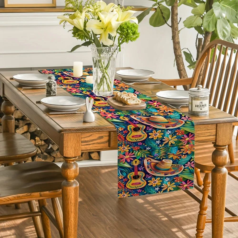Mexican Fiesta Linen Table Runner – Colorful Cactus & Day of the Dead Table Decor for Parties & Dining