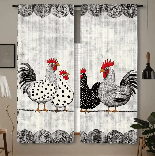 2-Piece Cafe Curtains Kitchen Window Retro Polka Dot Chicken Print Panels