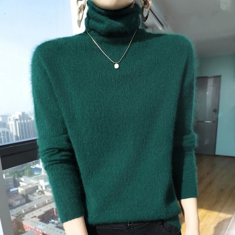 Womens Pure Mink Cashmere Sweater Slim Fit Pullover with Pile Collar Knitted Winter Top