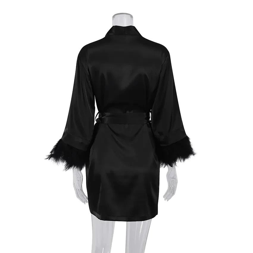 Luxurious White Feather Satin Robe – Professional Full Sleeve Bride Gown & Fur-Trimmed Nightgown
